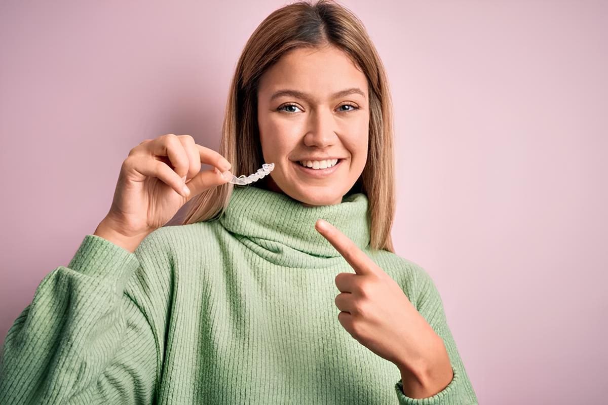 A woman in a green sweater smiles and points at a clear aligner, promoting Invisalign options at Carpinello Orthodontics in Drexel Hill, Newtown Square or Edgmont, PA.